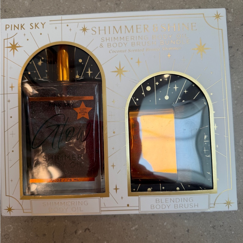 NWT Shimmer & Shine Shimmering Body Oil + Blending Body Brush by Pink Sky